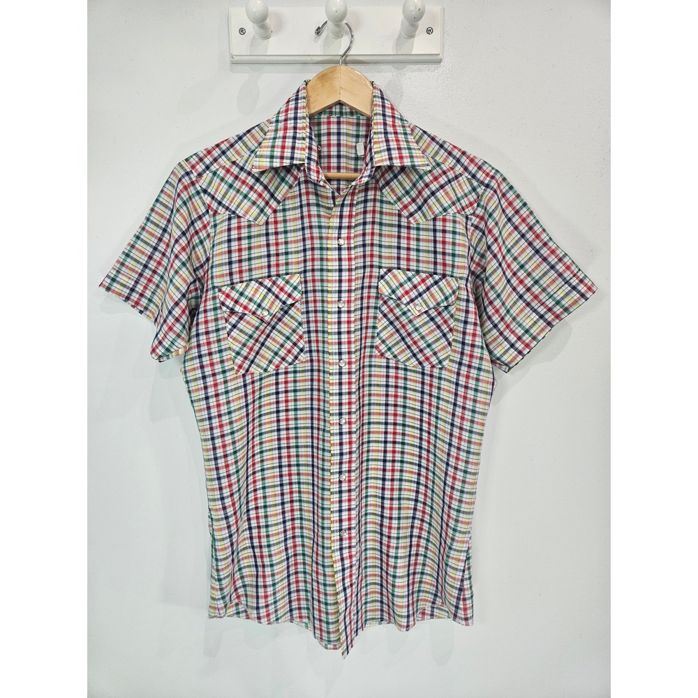 Vintage Mens Western Pearl Snap Shirt Short Sleeve Rainbow Plaid MultiColor 15.5